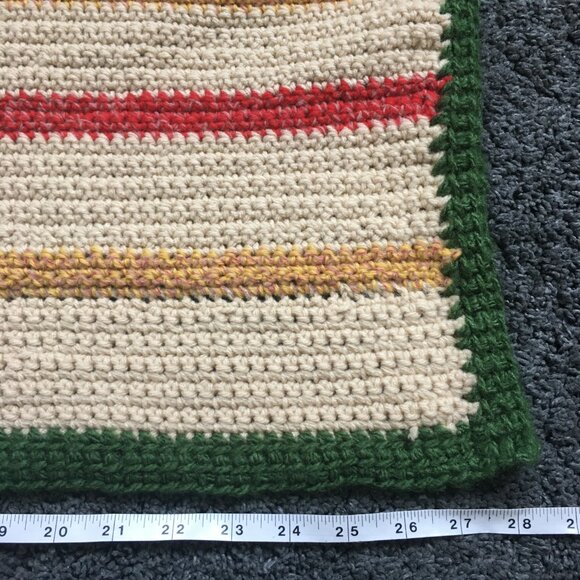 Hand Crocheted Square Cream Yellow Red Green Striped Mat Rug - Picture 14 of 16